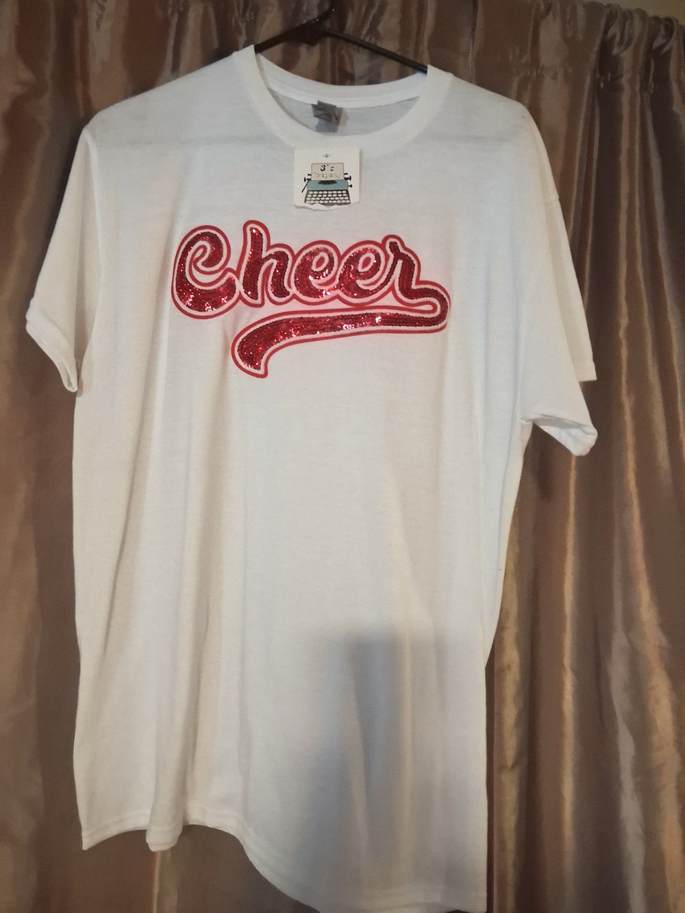 Gildan White Short-Sleeve Tee with Red Sequin "Cheer" Script